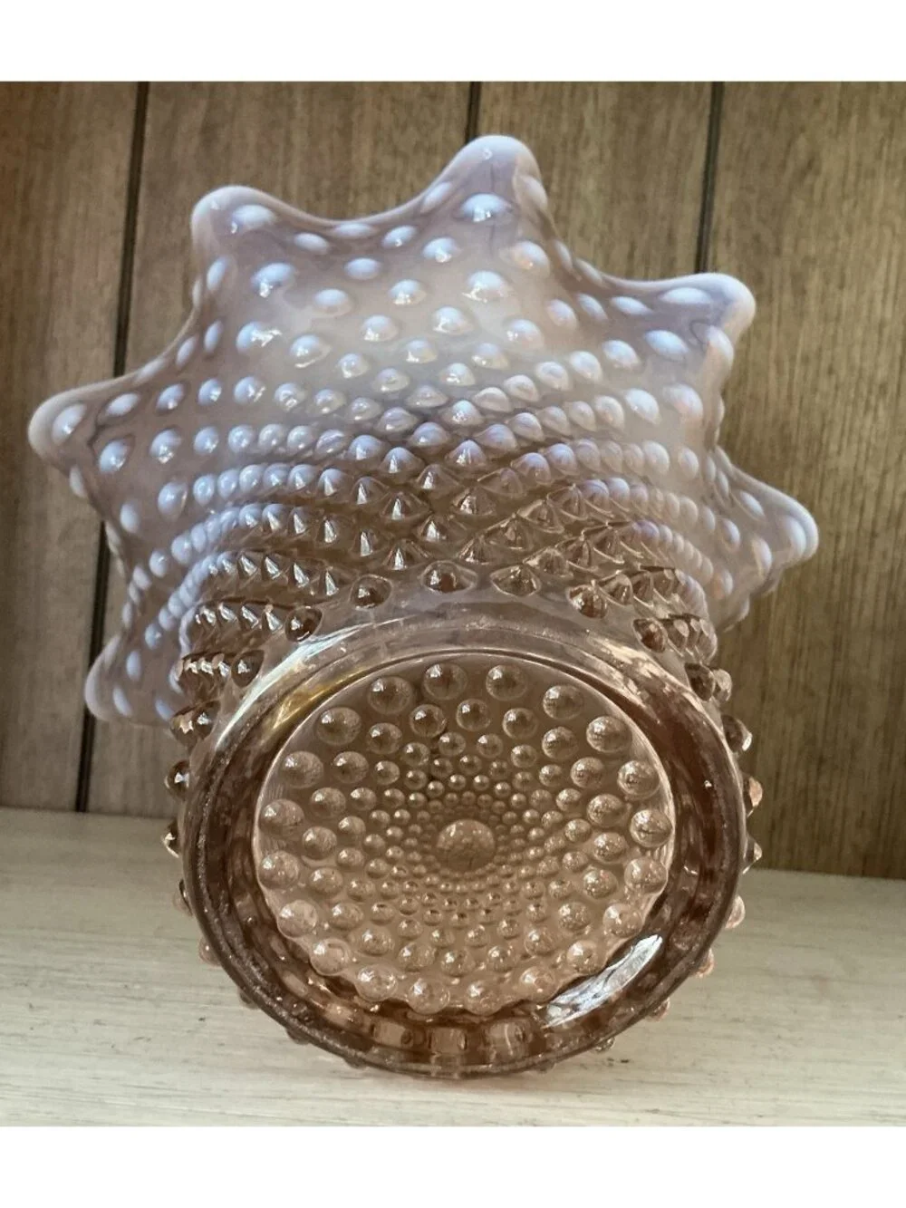 Duncan & Miller Pink Opalescent Hobnail Ruffled Vase 7